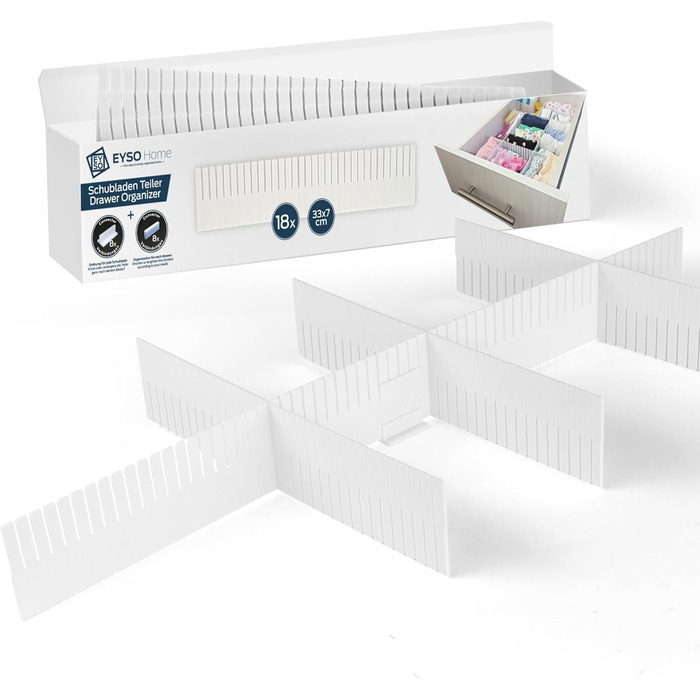 EYSO Home® Drawer Dividers Set of 3 - 33x7 cm including connectors – fits perfectly in your drawer [extend, shorten, divide] - the organizational system (18, 33 x 7 cm)
