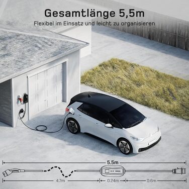 Мобільна зарядна станція (Wallbox) 11 кВт [3-фазна|7м|6-16А] з регульованою потужністю, кабель CEE 16A на Typ 2 та зарядний пристрій для електромобілів Model Y/3, ID.3/4/5, MG4, EX30, e-up, e-tron, Zoe та інших EV (CEE 11 кВт, 5.5м)