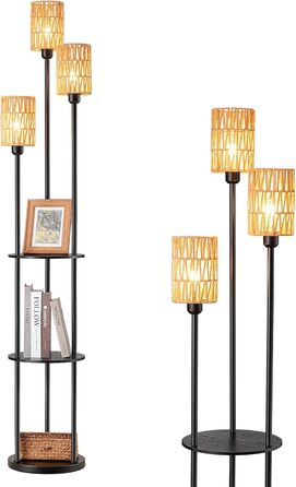 Стійка лампа EDISHINE для вітальні з трьома плафонами, вінтажний стиль, полиця, абажур з ротангу, 3 x E27, з лампочками, бохо-стиль, з вимикачем на ніжці, 178 см, чорний