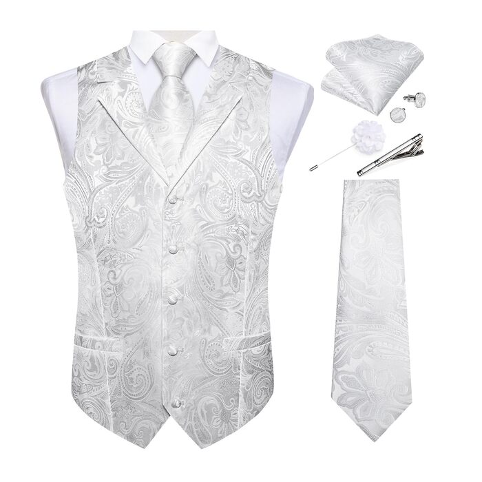 Набір краватка, жилет, нагрудна хустинка, запонки та лапільєрний шпилька Dibangu для весілля та свят (7 шт., шовк, Paisley)