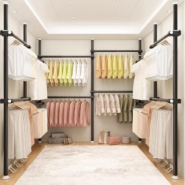 Телескопічна система для гардеробу, штанга для одягу з 6 штангами, телескопічний шафа для одягу з 2 гачками, регульована полиця 110-300 см, для дому та магазину одягу, білий (чорний)