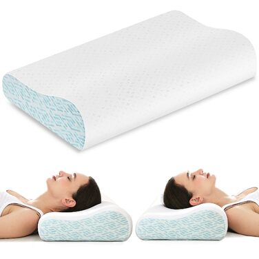 Ергономічна подушка з ефектом пам'яті (Memory Foam) для шиї та голови, для сну на боці, спині та животі, дихаюча наволочка, синя, 61 x 35 x (9/12) см