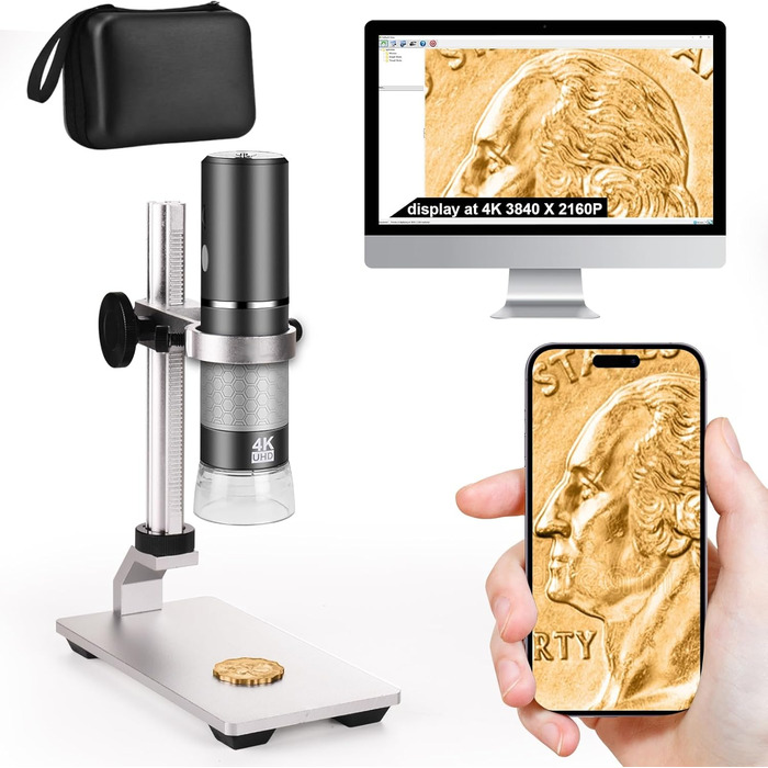 4K WiFi мікроскоп Ninyoon з професійним штативом та чохлом для iPhone, Android, PC, iPad, Android Tablet, Windows, Mac, Chrome, Linux (сірий)