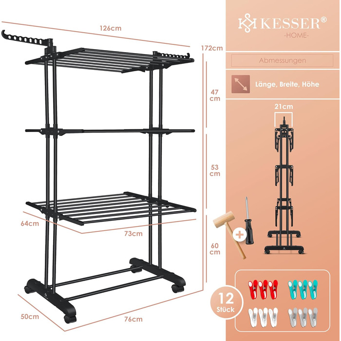 Кесер® Сушилка для білизни з колесами - тур-модель, 4 яруси, 2 обертові крила, 6 розкладних рівнів, білий/антрацит (чорний)