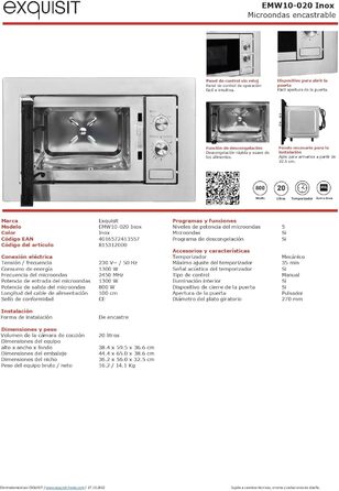 Вбудована мікрохвильова піч Exquisit EMW20-DG-020 | 800 Вт, гриль 1000 Вт, 8 програм, діаметр підноса 27 см, нержавіюча сталь