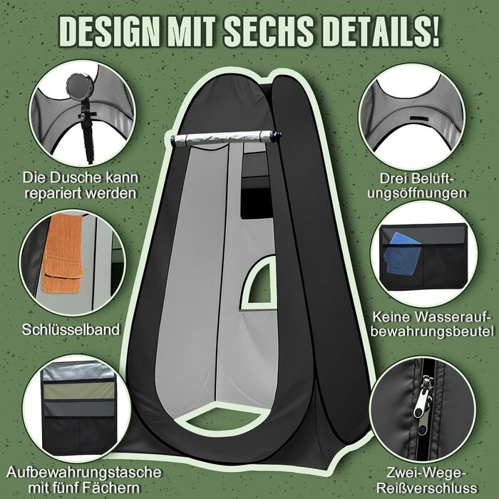 Charmofun Pop Up Shower Tent - Portable Camping Toilet & Changing Tent with UV Protection - Black