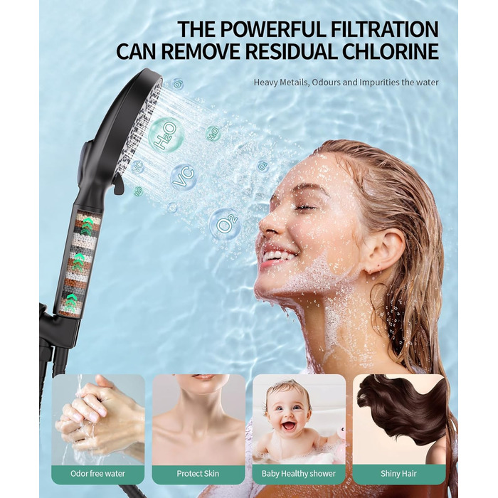 Душова лійка SR SUN RISE з фільтром, шланг та картриджі, 9 функцій, високий тиск, для жорсткої води, видаляє хлор, важкі метали, бактерії, чорний глянцевий колір