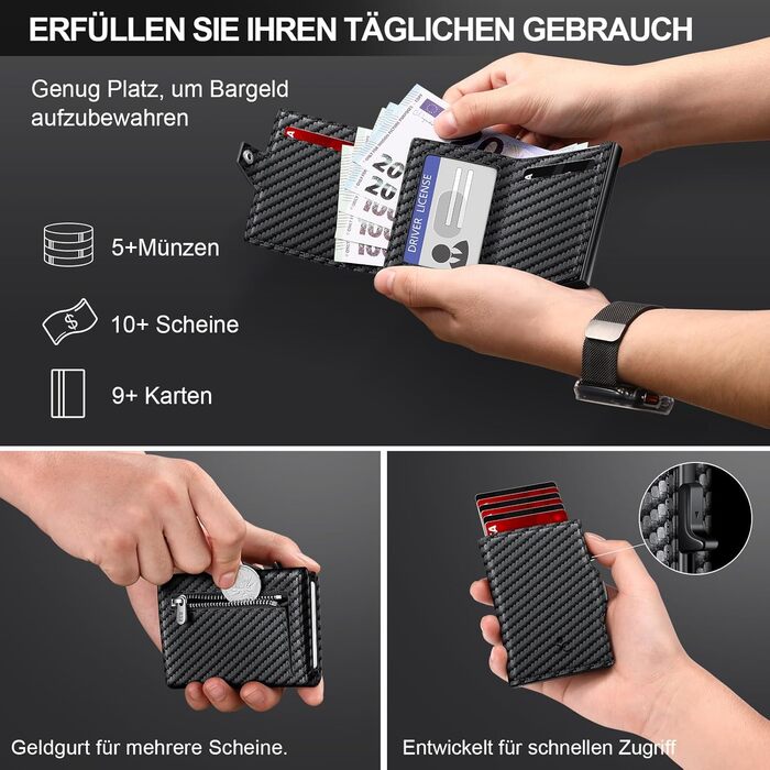 Чоловічий гаманець з відділенням для монет та RFID захистом, Slim Wallet Pop-up, гаманець для 9-11 карт, ID-вікно, відділення для грошей, Smart Wallet для чоловіків (карбон)
