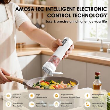 Електрична млин для солі та перцю AMOSA 2-в-1 USB, біла - автоматична, з LED підсвіткою та регулюванням помелу