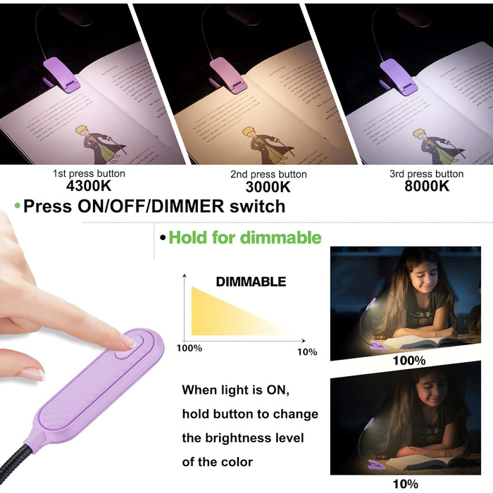 Ліхтарик для читання BIGMONAT з USB зарядкою, кліпсою, 6 LED, 3 режими світла, регульована яскравість, гнучкий на 360° фіолетовий
