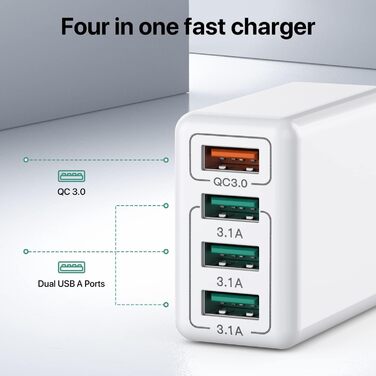 Блок зарядного пристрою USB C 40W з 4 портами, швидка зарядка PD+QC, для iPhone, Samsung, Tablet, білий (сірий)