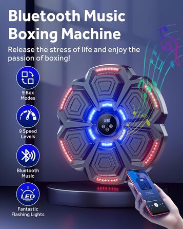 Music Boxing Machine for Adults & Kids - LED Light Electronic Punching Bag with Bluetooth Speaker & 9 Speed Modes