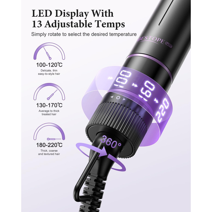 BESTOPE PRO Локкенстаб: Набір для створення локонів 5 в 1 з плойкою, термощіткою, 3 локкенстабами (9мм-25мм) для великих локонів, 13 температур, керлер для волосся з термозахисним покриттям, рукавичка, затискач, колір Nordlicht Lila