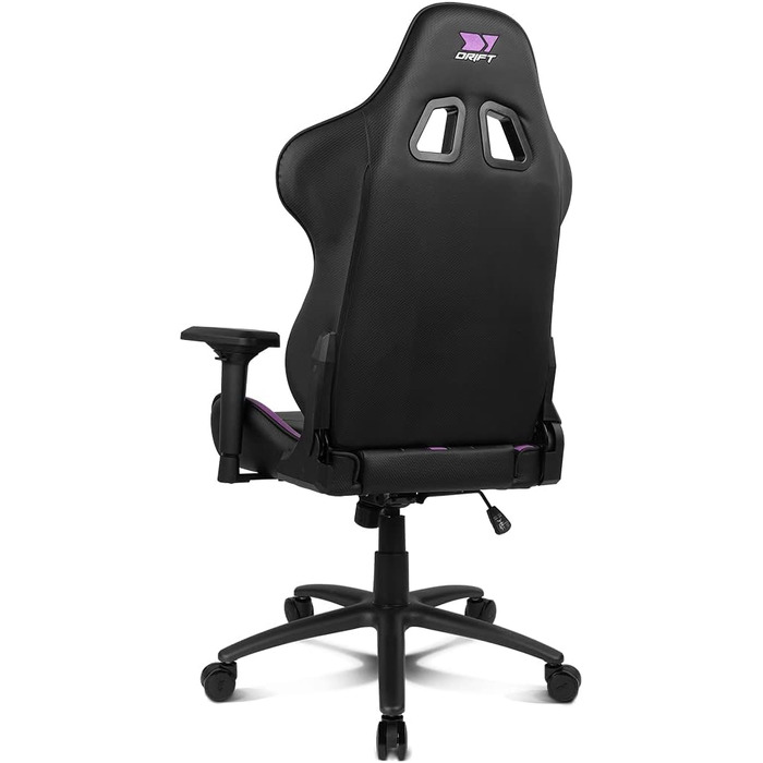 Професійне ігрове крісло DRIFT GAMING DR350 ергономічне, з 4D-підлокітниками, подушками під поперек та шию, нахил 135°, безшумні колеса, чорно-фіолетове
