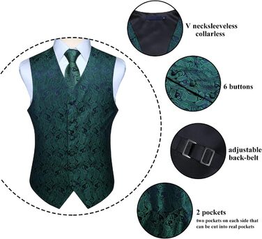 Костюмний комплект Enlision: жилет, краватка та нагрудна хустинка з квітковим візерунком пале, розмір S, зелений