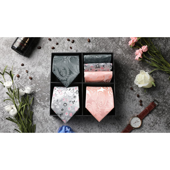 HISDERN Комплект краваток для чоловіків (3 шт.) Класичні краватки та нагрудні хустинки з шовку для весілля, свята. Розмір універсальний