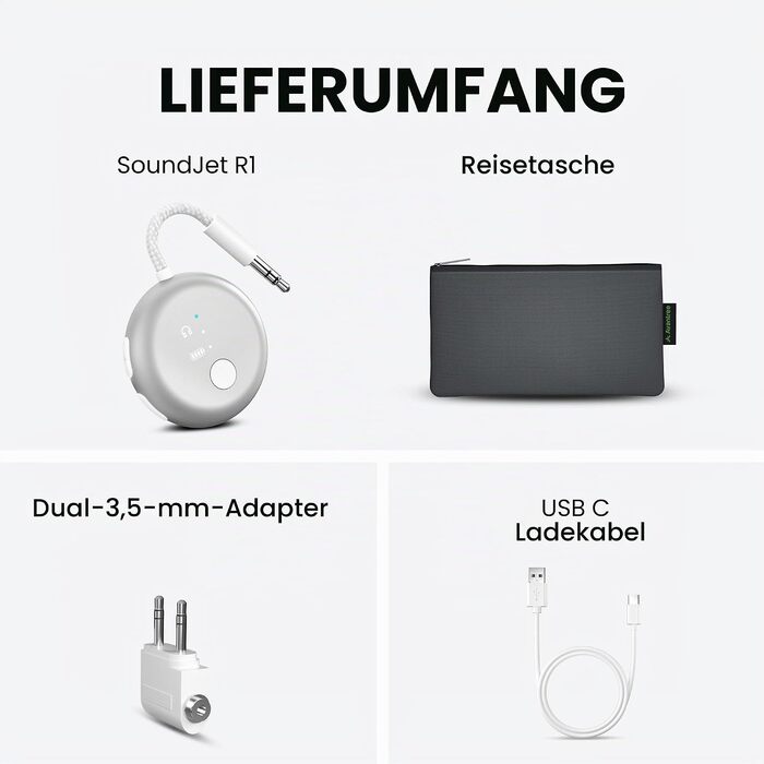 Bluetooth-адаптер для літака Avantree SoundJet R1 для AirPods та бездротових навушників, сріблястий, 25 год роботи