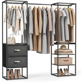 SONGMICS Clothes Rack, Open Wardrobe, High-Load Capacity Coat Rack, 1 Extendable Rod, 2 Drawers, 4 Shelves, for Bedroom, Space-Saving, RGR003W67 (Ebony Black)