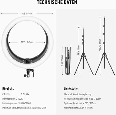 NEEWER Ringlicht RP19H 19 дюймів з триподом та 3 тримачами для телефону, дистанційне керування 2.4G, плавне регулювання яскравості, LCD та сенсорне керування, 42W CRI 97+ 2540 Lux, для стрімінгу, дому, офісу, Zoom, освітлення, кільцева лампа з пусковим пр