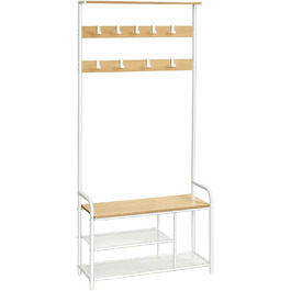 VASAGLE Coat Rack, Wardrobe, Clothes Rack with 9 Hooks, Shoe Bench, Shelf, 30 x 85 x 180.5 cm, for Entryway, Bedroom, Small Apartments, Industrial Design, Vintage Brown-Black HSR409B01 (Oak Color + White)