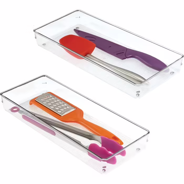 iDesign 52660M2EU Linus Cutlery Box Drawer Organizer for Cutlery, Spatulas, Small Items - 2 Pack, 15.24 x 38.1 x 5.08 cm, Clear, Plastic, Clear