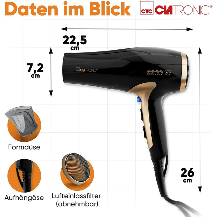 Фен Clatronic® HT 3661: 2200W, іонізація, 3 режими, насадка 360° | Фен з іонізатором, Cool Shot