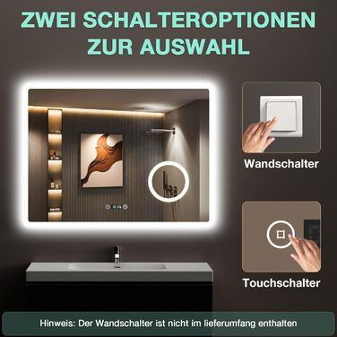 LED дзеркало для ванної кімнати 80x60 см з підсвічуванням, 3 кольори, регулювання яскравості, антизапарник, годинник, 3x збільшення