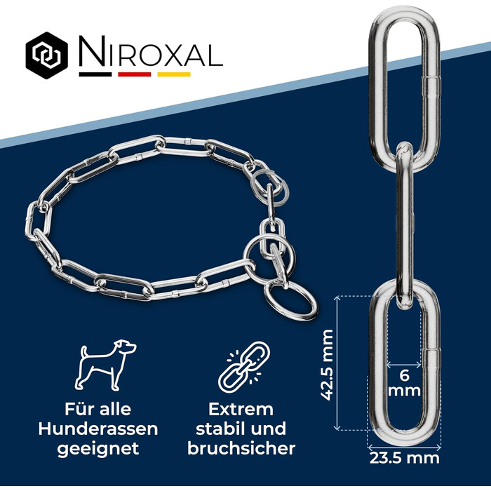 Нашийник для собак з обхватом шиї 49-53 см з нержавіючої сталі V4A, ланцюговий нашийник з запобіжником, довгі ланки 5 мм, загальна довжина 64 см