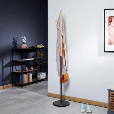 IDIMEX Clothes Rack Enrico, Elegant Standing Coat Rack with 6 Hooks, Beautiful Coat Stand made of Metal and Pine Wood in White/Natural (Grey/Natural)