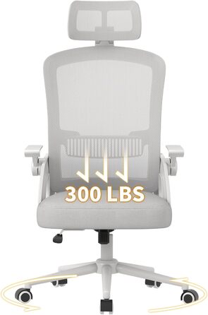 Офісний крісло Naspiro Ergonomic, регульована висота, поворотне, з дихаючою спинкою з сітки, відкидні підлокітники на 90°, підтримка попереку, щільна піна, для дому/офісу (Сірий-1, з підголовником)