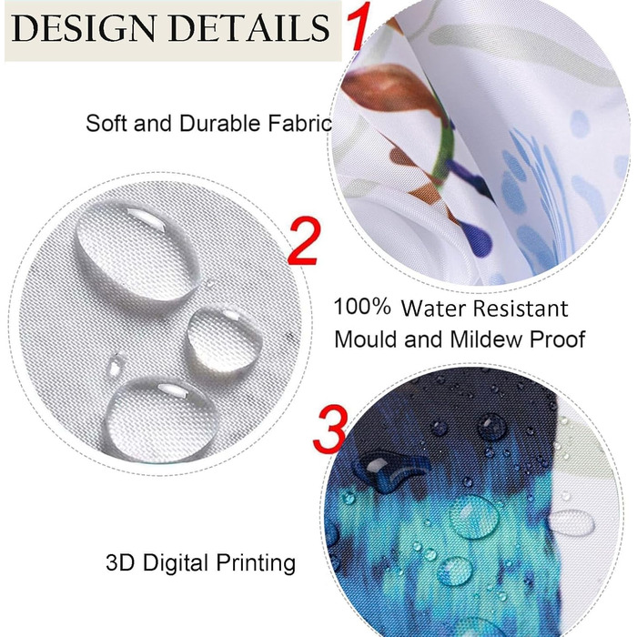 Штора для душу 180x180 см з квітами, антигрибкова, водонепроникна, швидковисихаюча, поліестер, з 12 кільцями (пташки)