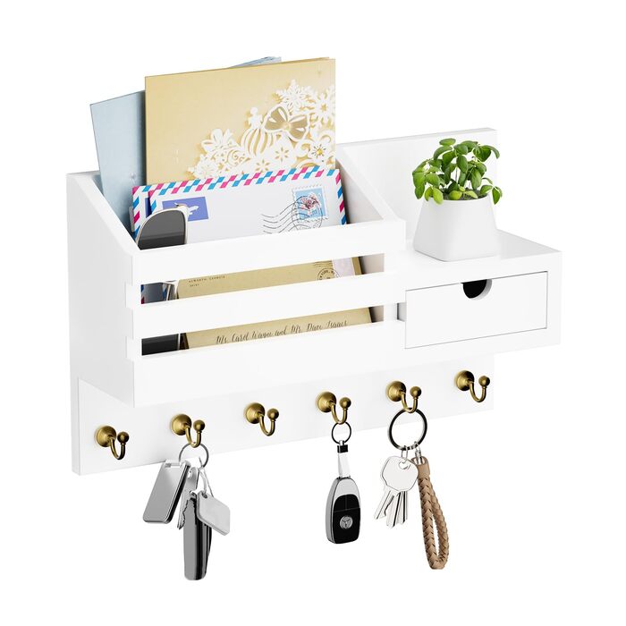 Настінна органайзер для ключів з 6 гачками та шухлядою, дерев'яна полиця для ключів, настінний тримач для ключів, для прихожей, вітальні, офісу (білий)