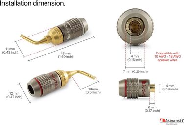 Бананові роз'єми Nakamichi FanLock Excel-Serie, 24K позолочені штекери 2мм для акустичних кабелів Hi-Fi, 10-18 AWG, 4мм, 4 шт (2 пари)