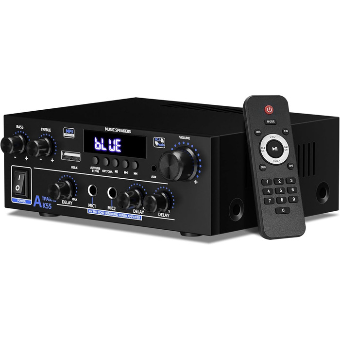 AK55 HiFi стерео підсилювач 2-канальний, 1000 Вт Bluetooth 5.3, 50+50 Вт, для 8-дюймових домашніх колонок, бас/требл, AUX, FM, мікрофон, USB