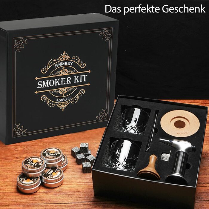 Набір для копчення віскі з факелом: 6 смаків, дерев'яні тріски, 2 склянки, 6 контейнерів для віскі, коктейльний набір для копчення, набір для копчення напоїв, подарунок на день народження для любителів бурбону (без бутану)