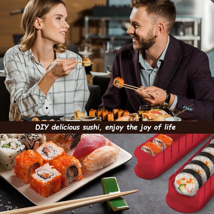 Набір для приготування суші, 20 предметів, для початківців, з формами для ролів, виделкою, ножем, килимком для ролу, палочками, повний комплект (Чорний) (Червоний+тарілка)