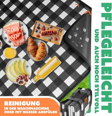 KESSER® Picnic Blanket Camping Blanket XXL 200 x 200 cm - Warm Insulated with Waterproof Bottom, Carrying Handle, Foldable Beach Blanket, Picnic Blankets for 4-6 People, Washable Picnic Blanket (Black / White)
