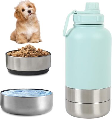 Поїлка для собак на ходу 950 мл – ізольована поїлка з нержавіючої сталі з мисками для їжі та води, портативна, BPA-free для подорожей, прогулянок та активного відпочинку (Світло-блакитний, L)