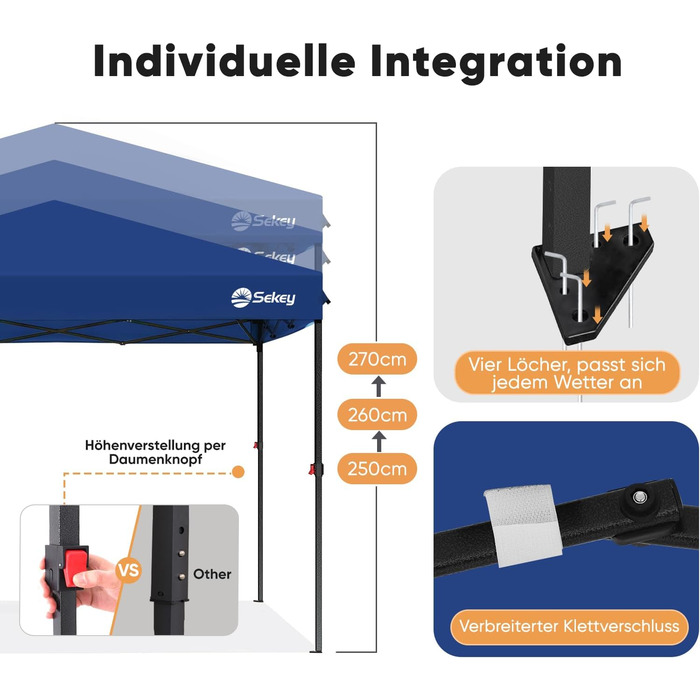 Sekey One-Touch Pop Up Pavilion 3x3 Waterproof Stable Winter-Proof, Folding Pavilion 3x3m with Thickened Tubes, Party Tent Pavilion Foldable for Camping Festival Party, (Navy, without sidewalls)
