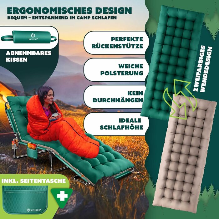 Ліжко похідне KESSER® складане з преміум-подушкою 190x68x30 см, до 250 кг, зелено-бежеве. З кишенею, підсклянником, для кемпінгу, гостей, в приміщенні/на вулиці