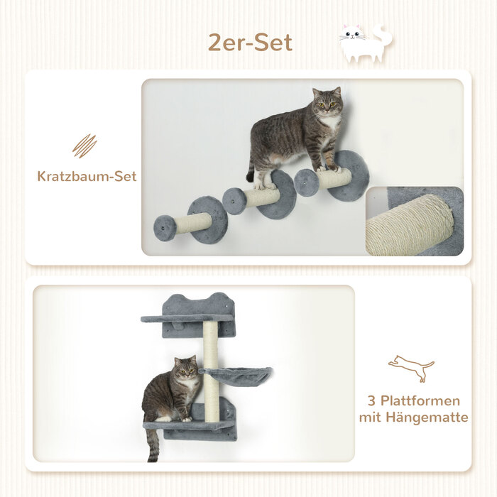 PawHut Cat Climbing Wall Set, Climbing Wall, Cat Ladder, 4-Piece Set, with Scratching Post, Hammock, Gray+Cream White, 40 x 28 x 73cm5 | Aosom
