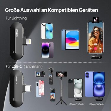 Бездротовий петличний мікрофон SYNCO P2ST для iPhone 15/16/17 та Android, USB-C з зарядним кейсом, Plug and Play, Hi-Fi якість, 2 мікрофони