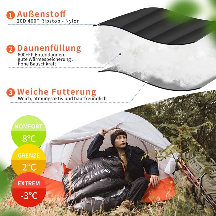 QEZER Ultralight Down Sleeping Bag - 8°C to -3°C for Camping, Hiking, and Trekking - 3 Season Sleeping Bag