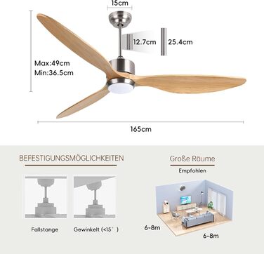 Стеляний вентилятор Ovlaim з освітленням та пультом керування, тихий DC мотор, 3 лопаті, Smart, для вітальні/спальні, натуральний & сріблястий (Burlywood/Silver, 165 см)
