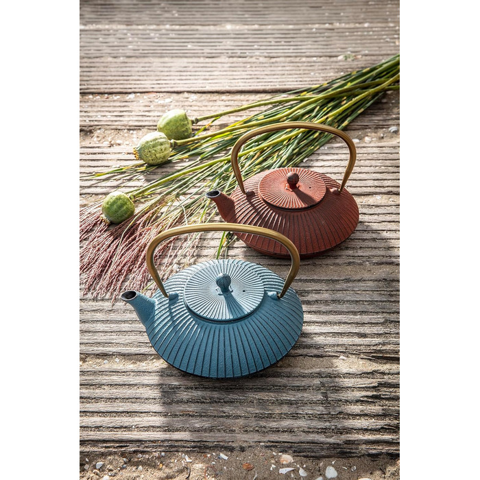 Bredemeijer Blue Flat Asia Teapot 1.1 Liter Cast Iron - Asia Cast Kettle with Stainless Steel Tea Filter Insert