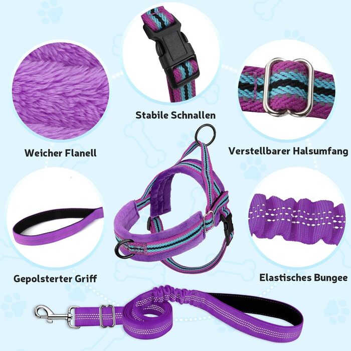 Шлейка для собак SlowTon з поводом, анти-тягуча, регульована, світловідбиваюча, для цуценят, собак малих та середніх порід, зелена (XXS, світло-фіолетова)