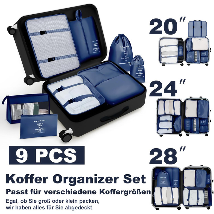 Органайзер для валізи OBSGUMU, набір 9 шт. - Packing Cubes для подорожей, косметичка, валізні органайзери (Marineblau)