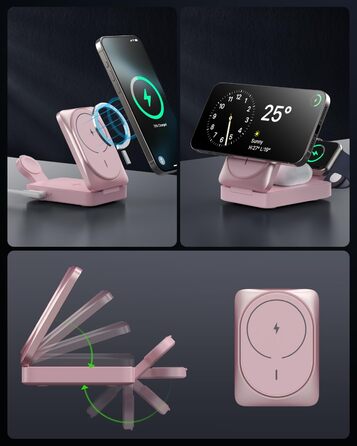 3-в-1 Бездротовий зарядний пристрій, індукційна станція Qi2, MagSafe, для iPhone 16/15/14/13/12, Apple Watch, AirPods, білий (рожевий)