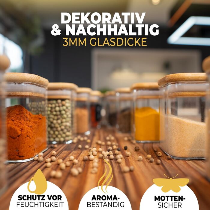Spice Jars Square I 12 x 160 ml Set I Increased Glass Thickness I Stackable Spice Containers with Bamboo Lids I Airtight Spice Storage for the Kitchen I Suitable for Spice Storage