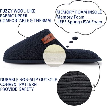 Жіночі теплі пухнасті домашні тапочки Ofoot з піною з пам'яті, антиковзка підошва, 41/42 EU, Navy Blue